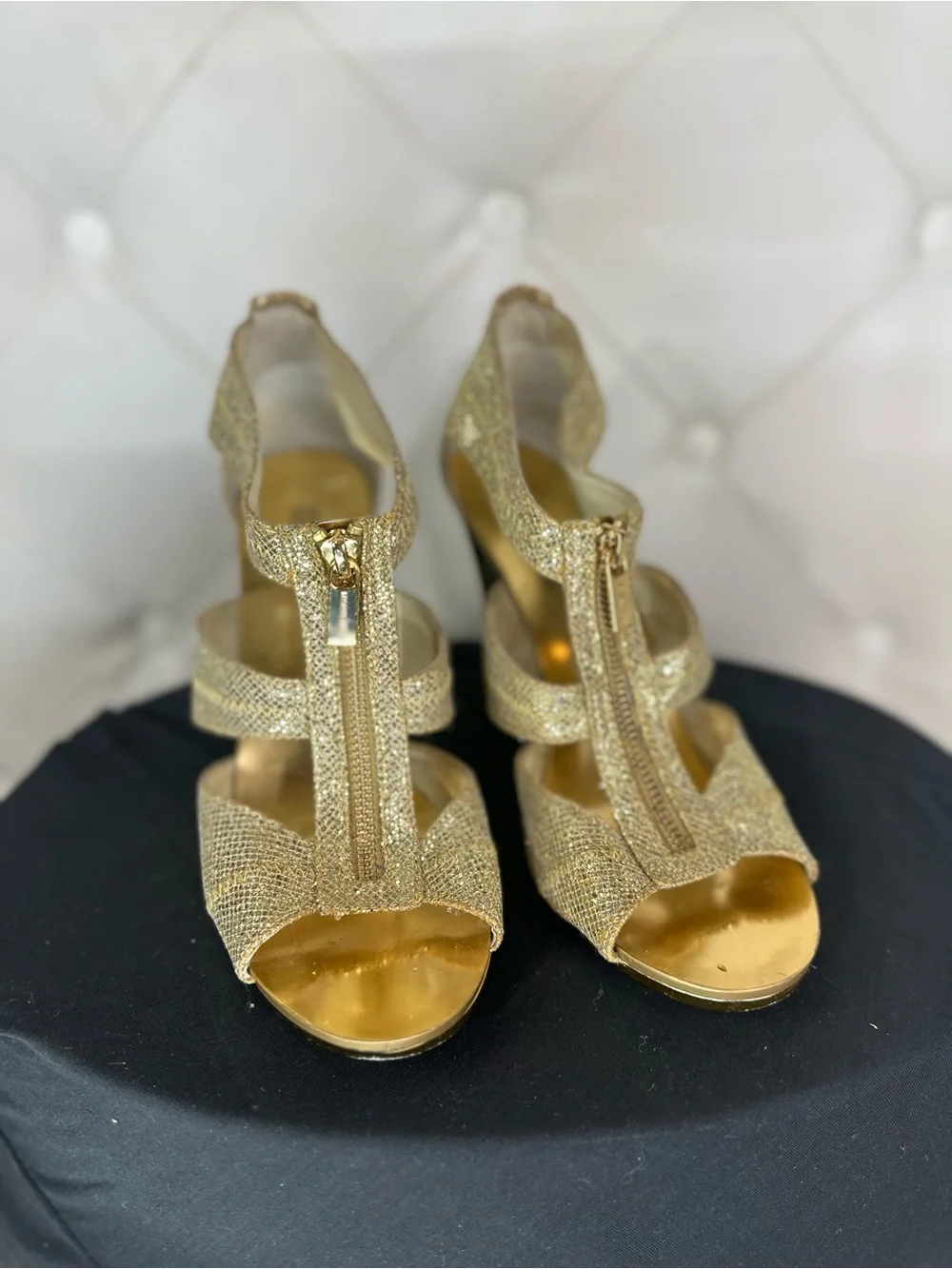 Michael Kors Gold Metallic Zipper T-Strap High Heels